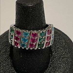 Sterling Silver Ring with Pink, Green, and Blue CZs